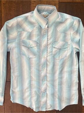 Cedar Rose women's blue and white striped pearl snap Western shirt Sz Medium